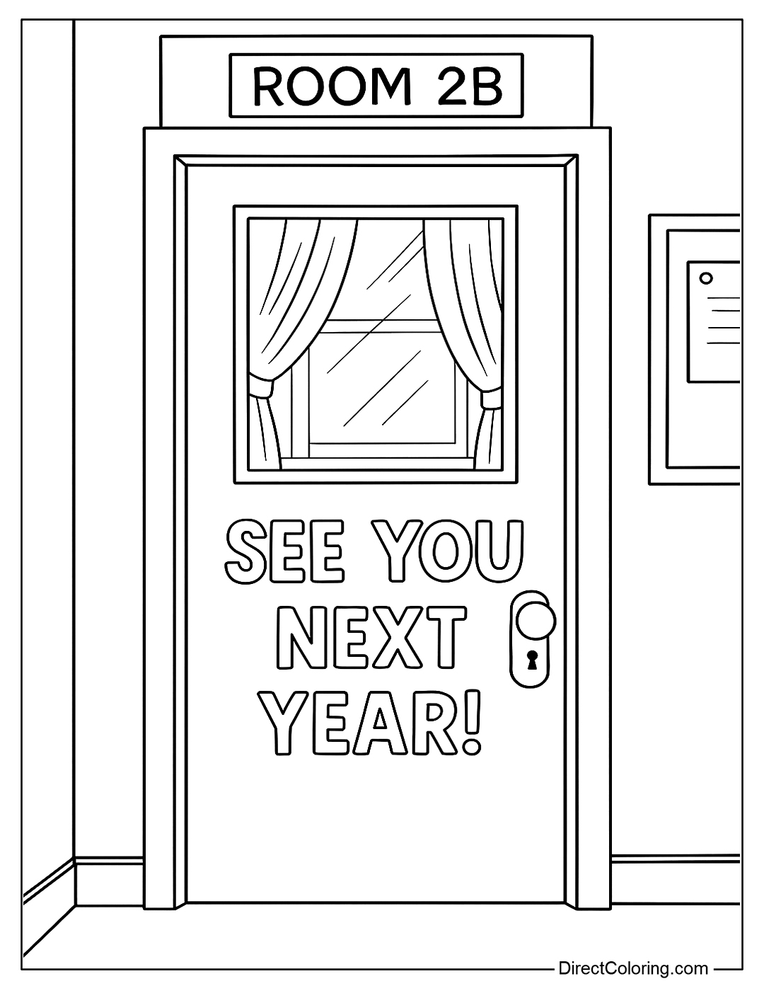 a classroom door closing coloring page, with a “Room 2B” name tag and “See You Next Year!”